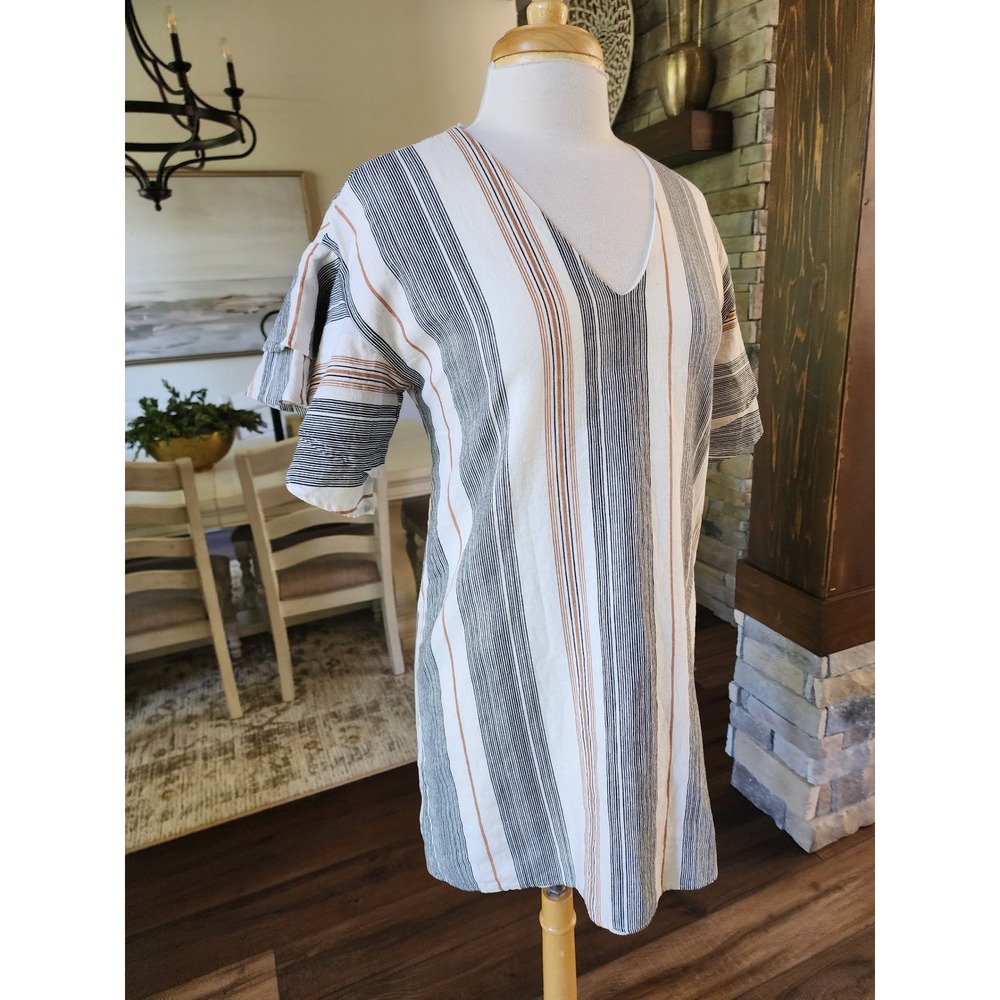 Boutique Womens Striped V-Neck Tiered Ruffle Sleeve Shift‎ Gameday Dress Small